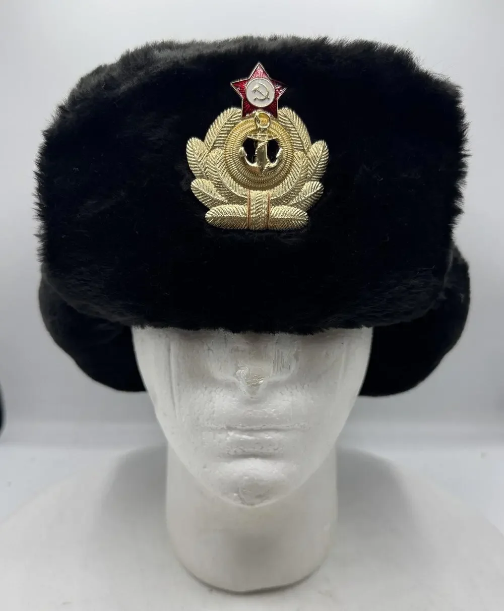 Russian Ushanka Winter Hat Black Faux Fur Soviet Union Navy Anchor Badge